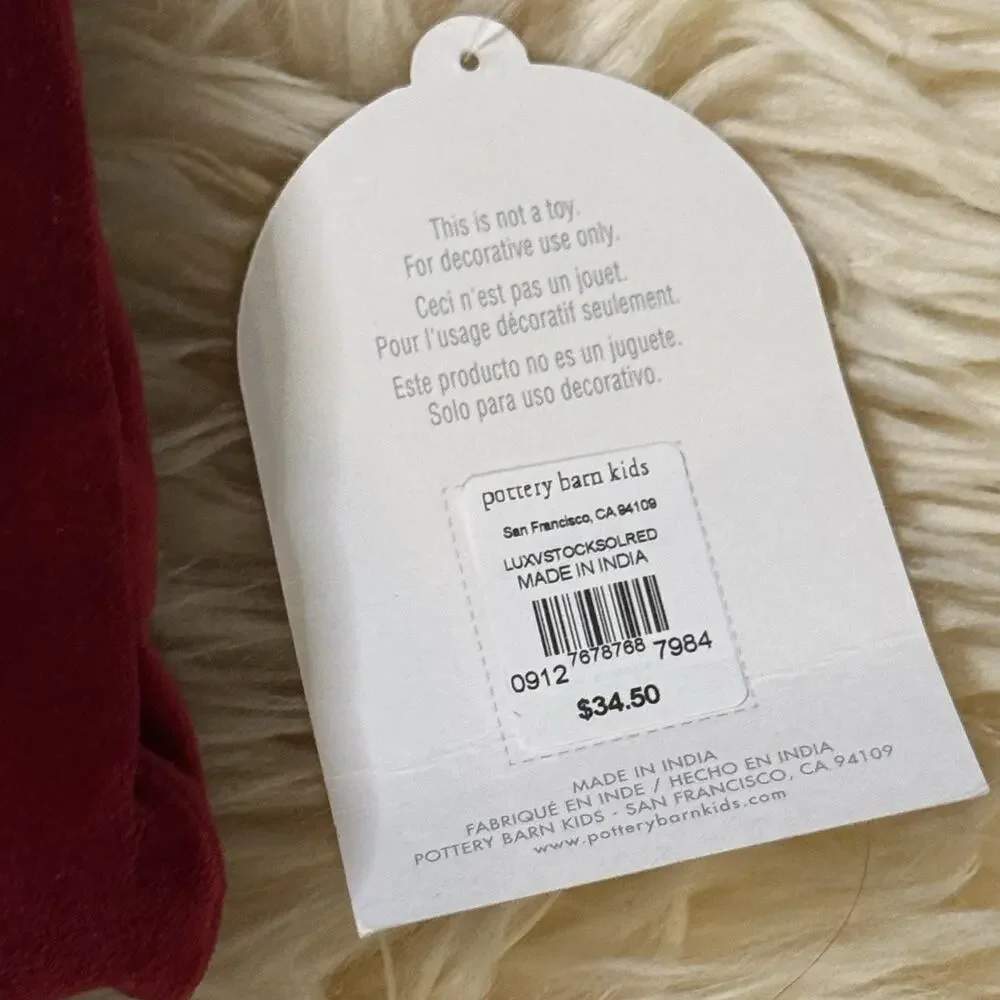 New Pottery Barn Kids Red Velvet Christmas Stocking White Embroidered “Ruthie”